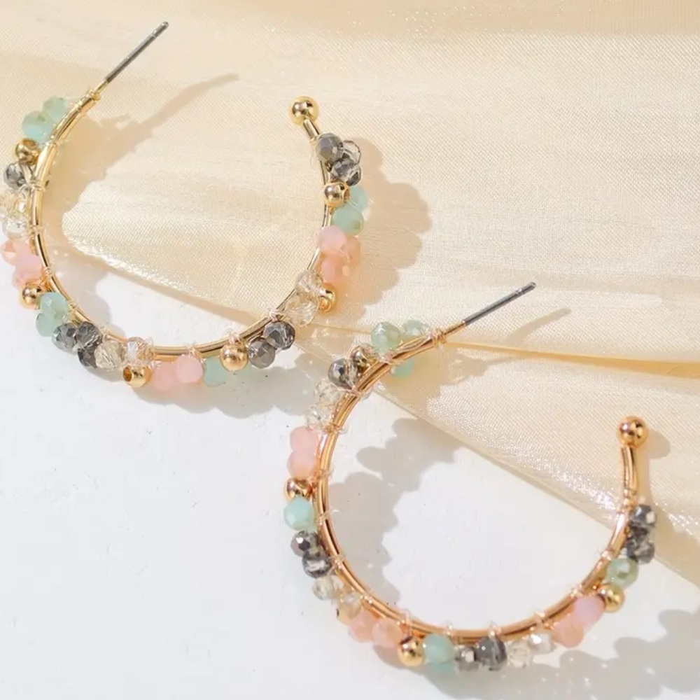 Elegant Gold and Multicolor Beaded Hoop Earrings - Picture 2 of 4